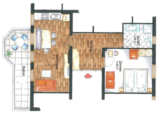 Floor plan of the Stella Bianca apartment for 2-5 people